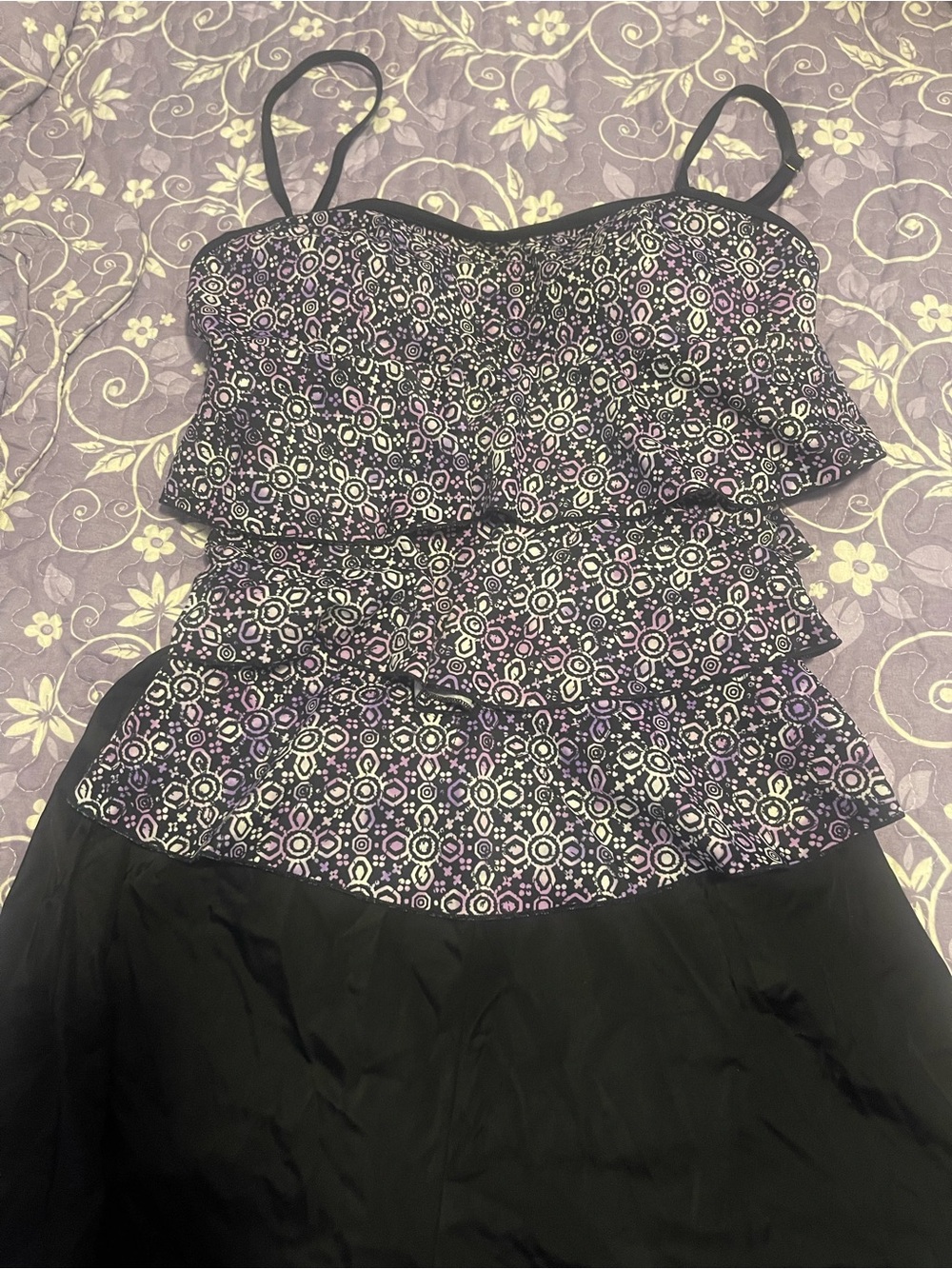 fit 4u Black Two Piece Swim Top and Skirt Black, Purple and White Size 14